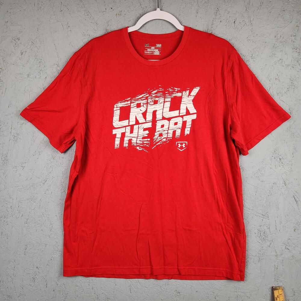 Under Armour Crack The Bat Shirt Mens Large Red Baseball Graphic Tee HeatGear